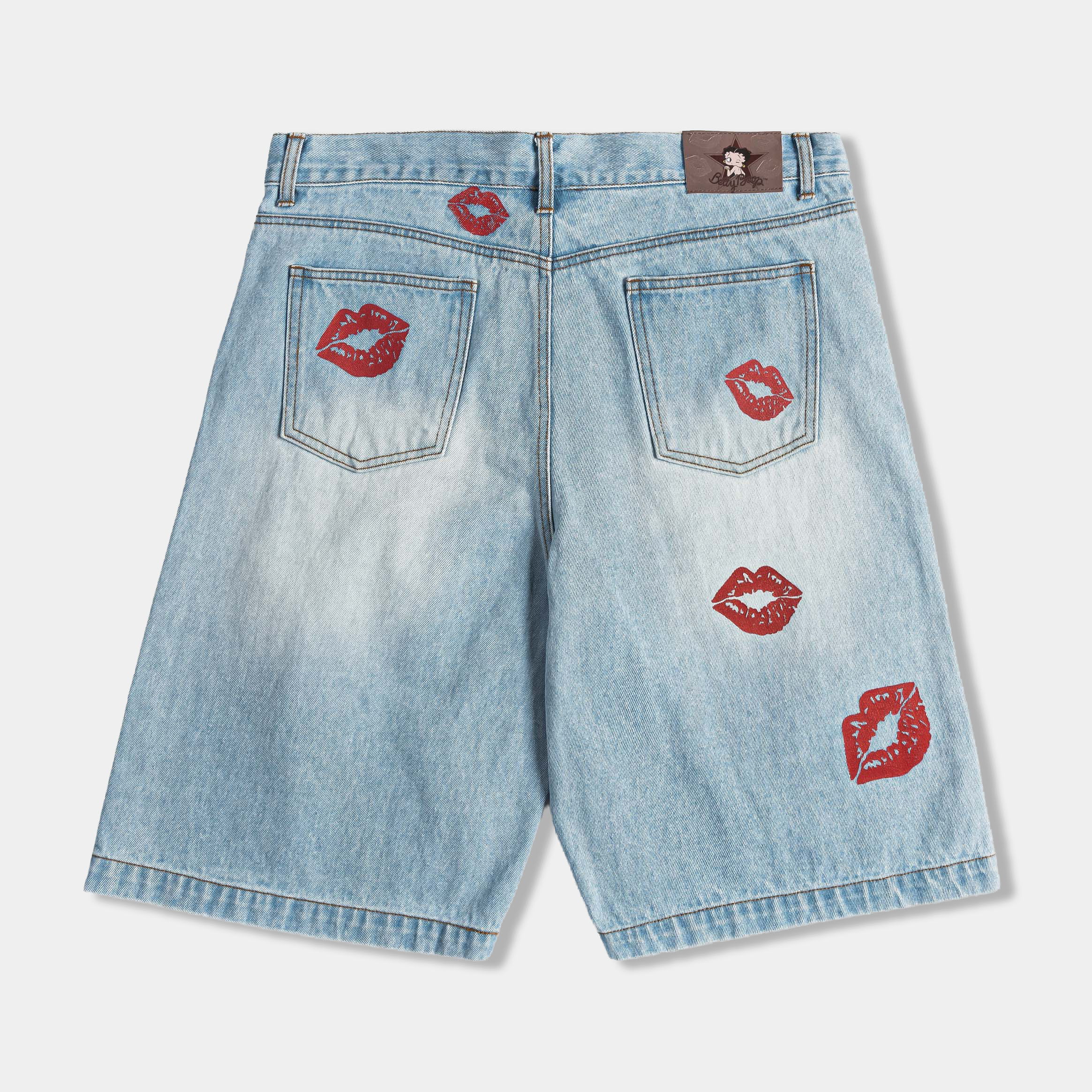 Denim shorts with Betty Boop design and red lip prints.