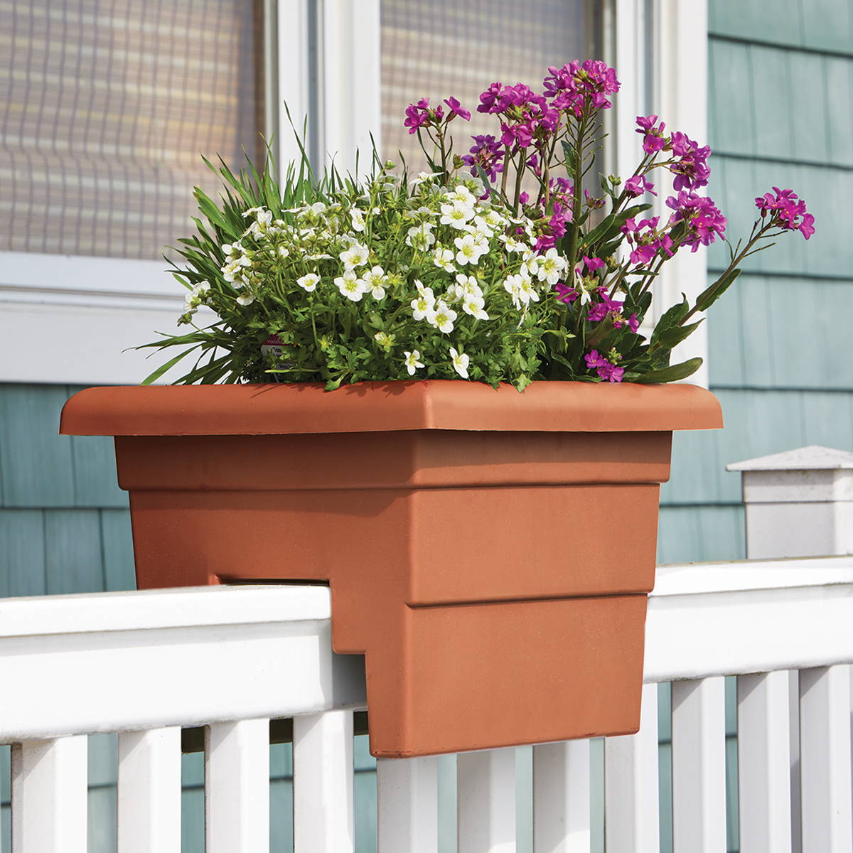 Terra Cotta railing planter with white and purple annuals