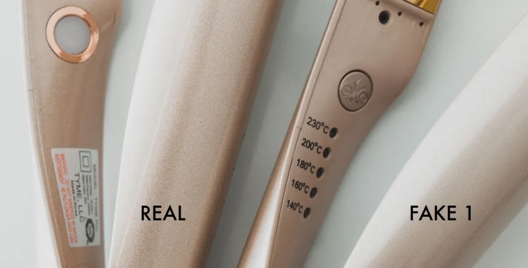 Power button comparison between a fake and an authentic TYME Iron
