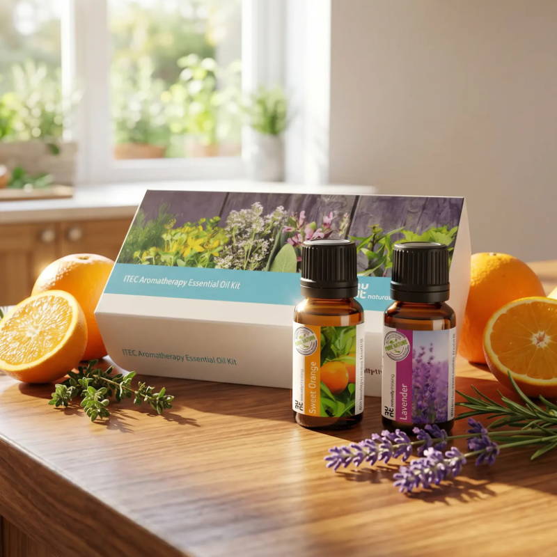A cozy kitchen scene with essential oils, oranges, and fresh herbs.