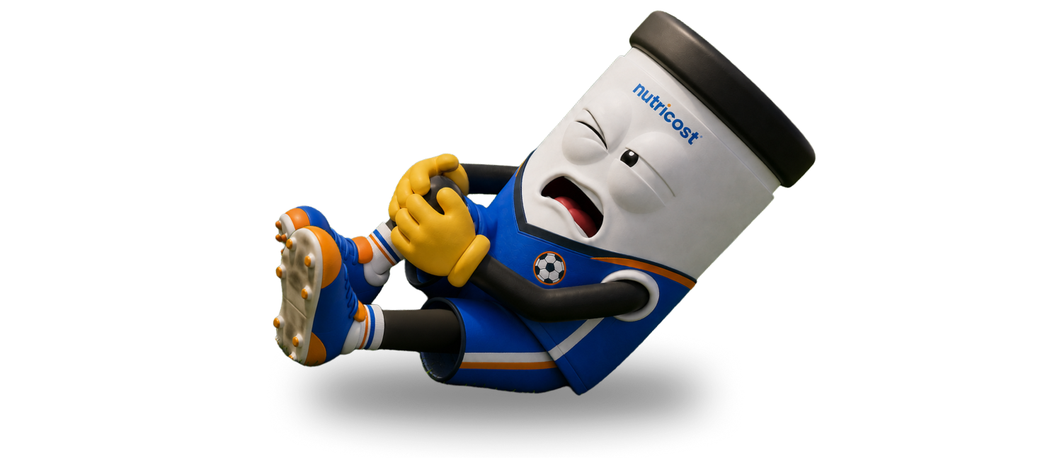 Cartoon character in sports gear, holding knee, expressing pain.