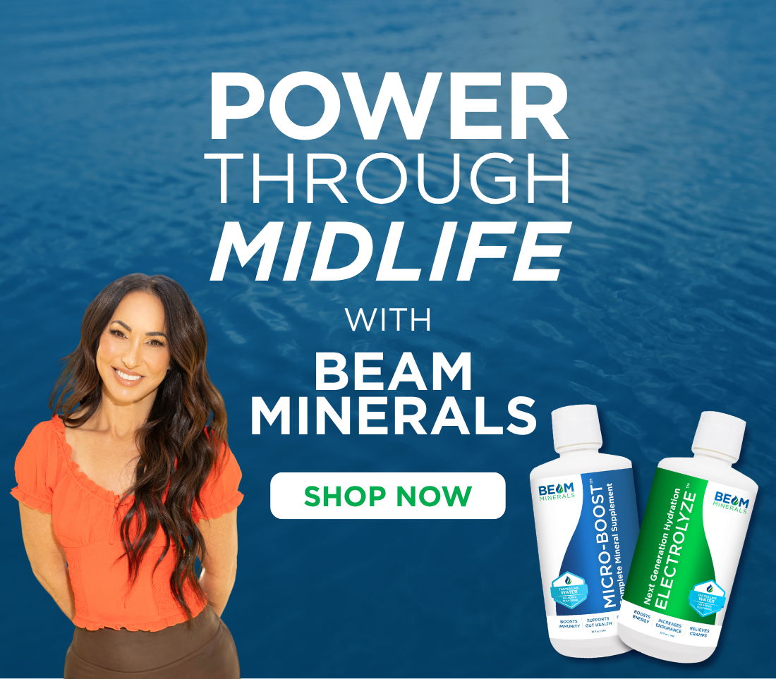 Woman promoting Beam Minerals for midlife wellness, with product bottles displayed.