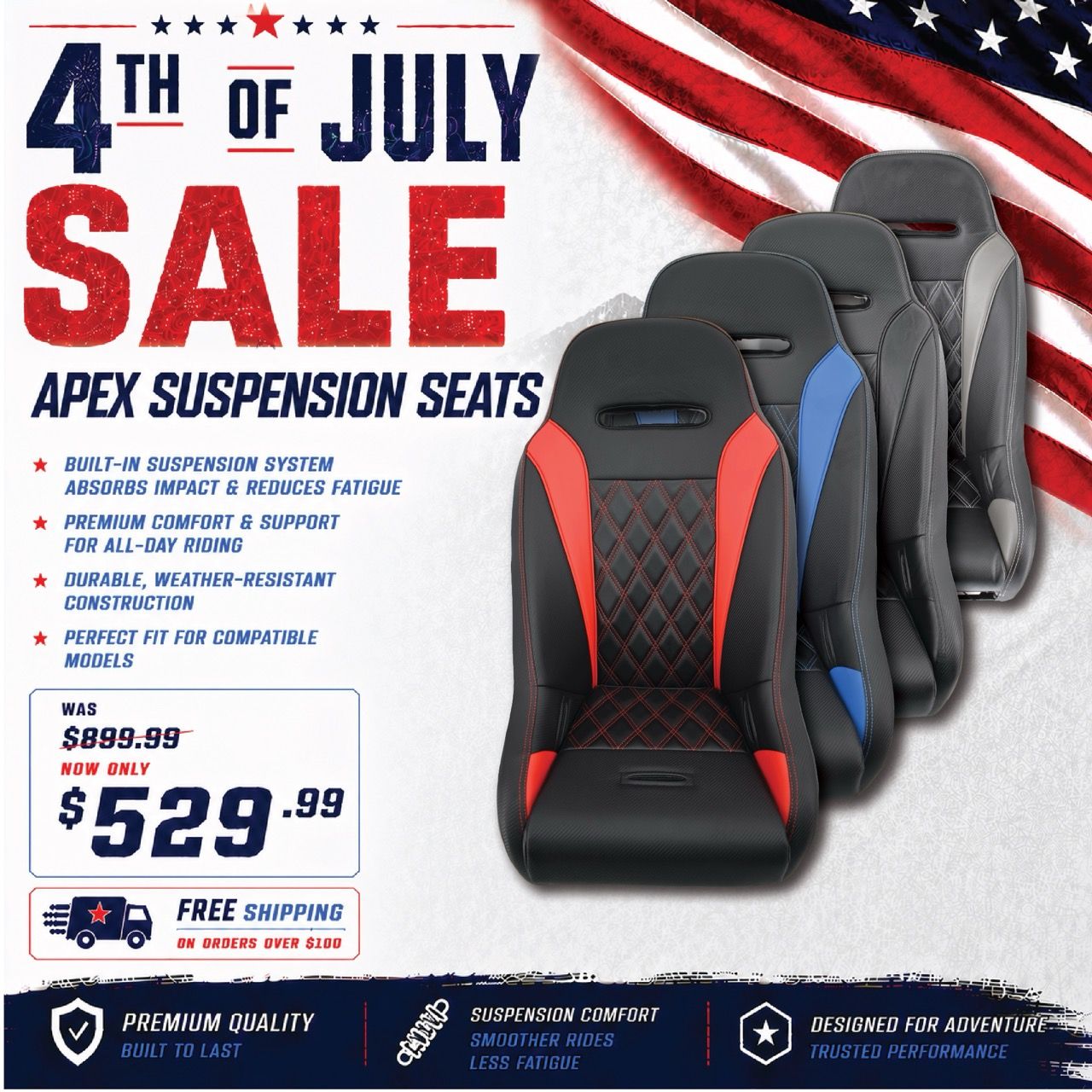 4th of July sale on Apex suspension seats, featuring pricing and promotional details.