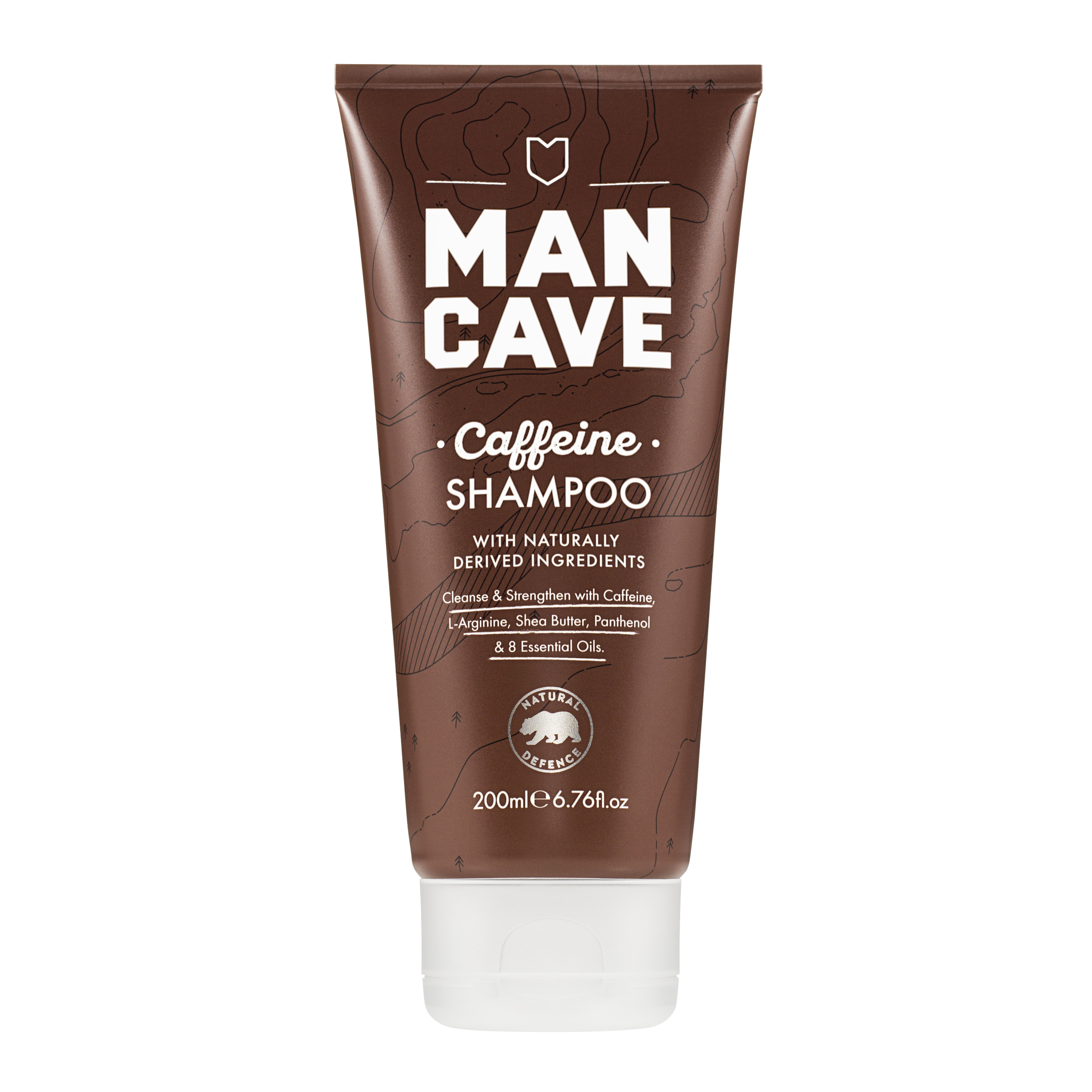 The ManCave caffeine shampoo  100% recyclable brown tube. Cruelty free certified and vegan friendly.