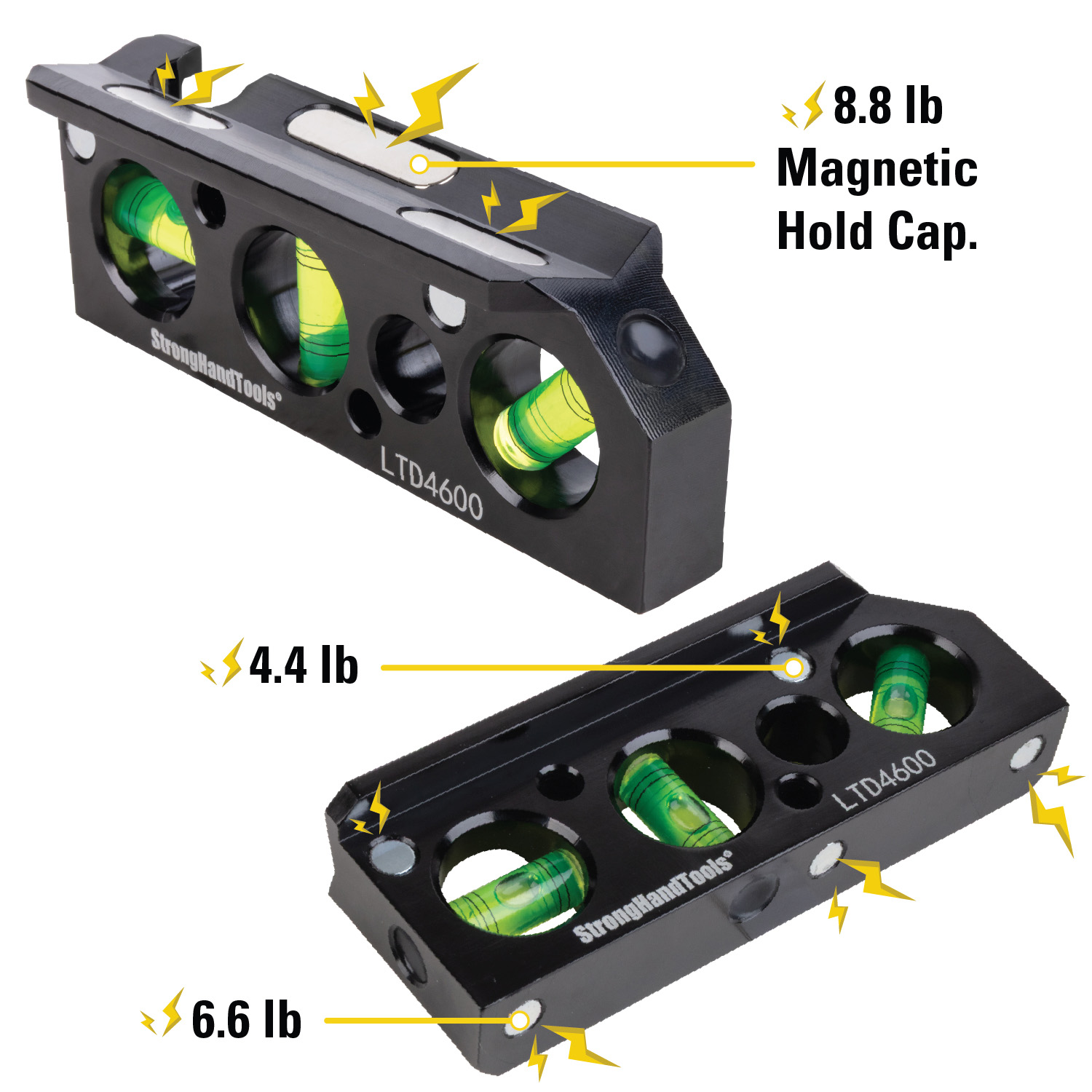 Level tool with magnetic hold capacity markers and bubble indicators.