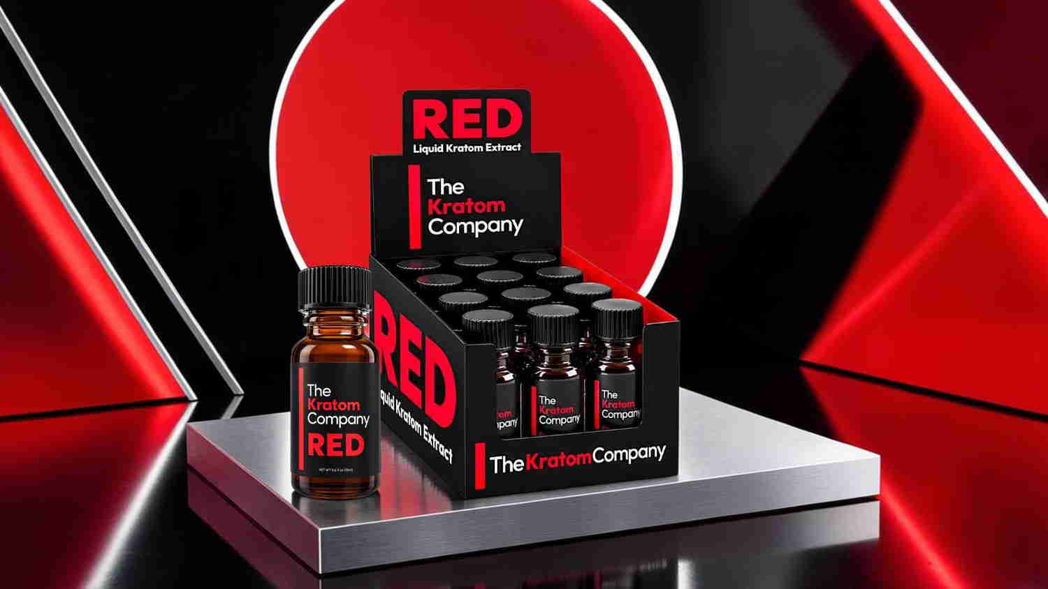 Display of RED products on a sleek, modern pedestal against a dark background.