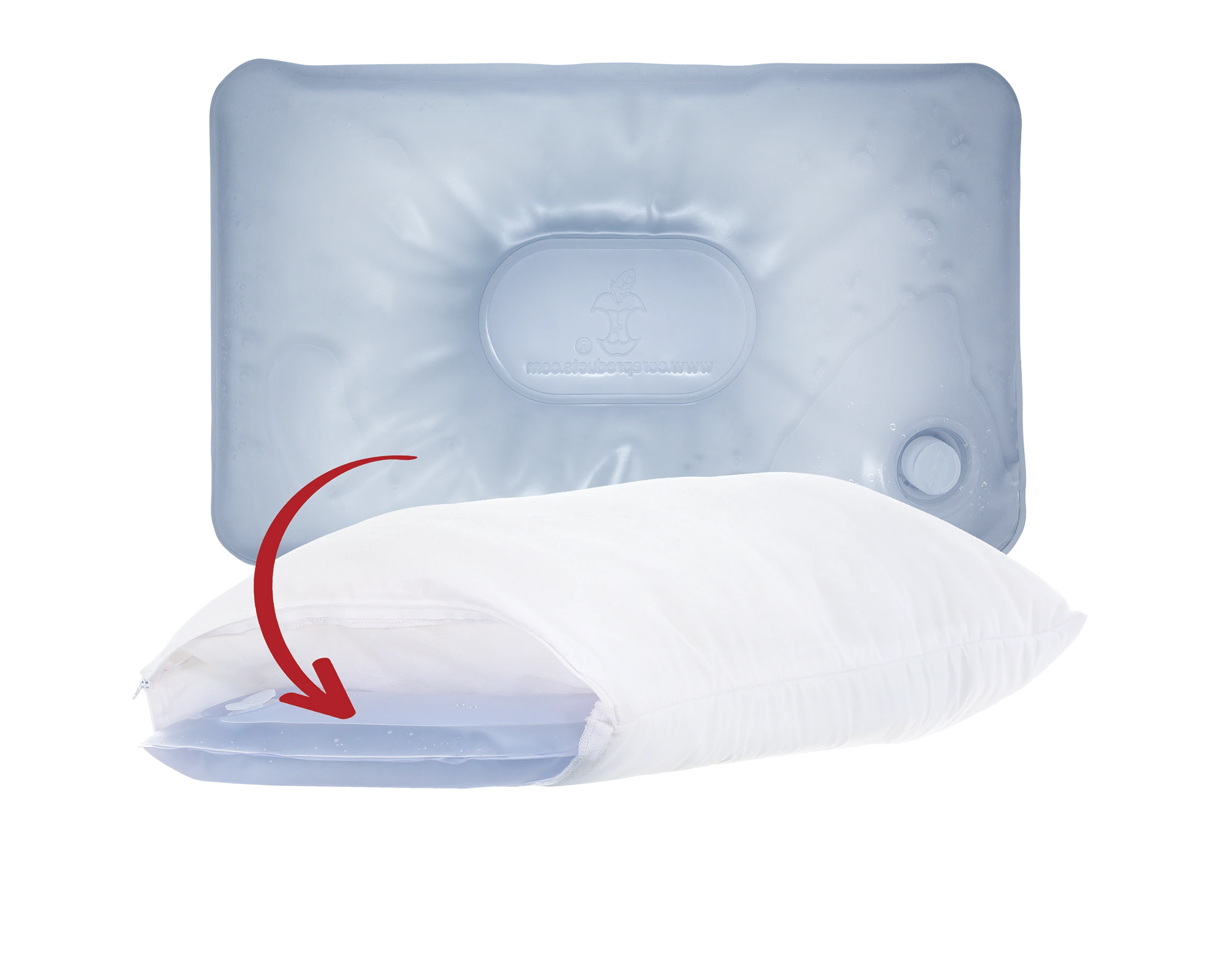 Tri-Core® Water Pillow showing the removable water chamber partially inserted into the pillow through a zippered opening. Product image illustrating the adjustable water-base design that allows personalized support and helps promote proper neck alignment for comfortable sleep.
