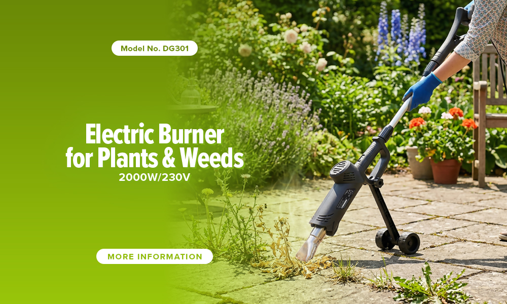 Person using electric burner for plants and weeds in a garden.