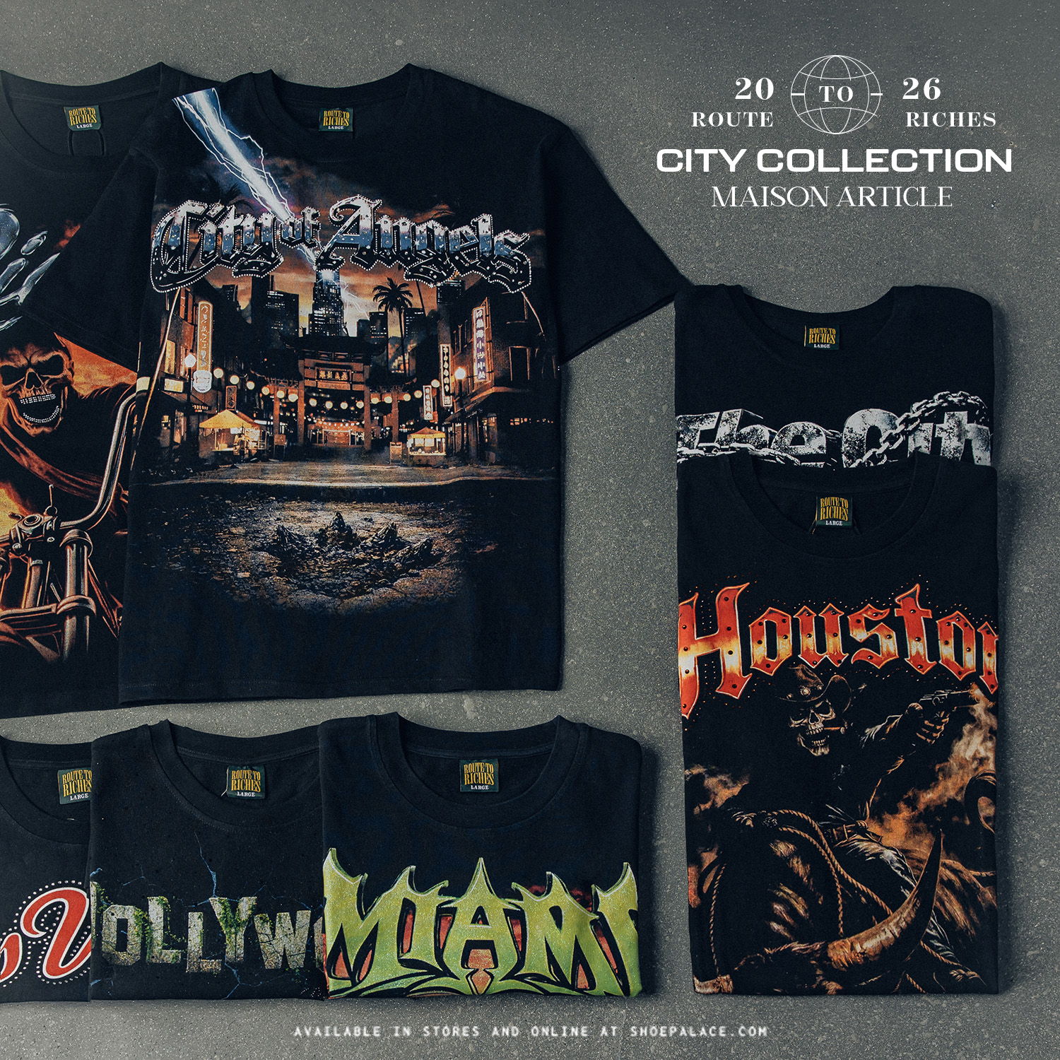 City collection t-shirts featuring designs from Miami and Houston.