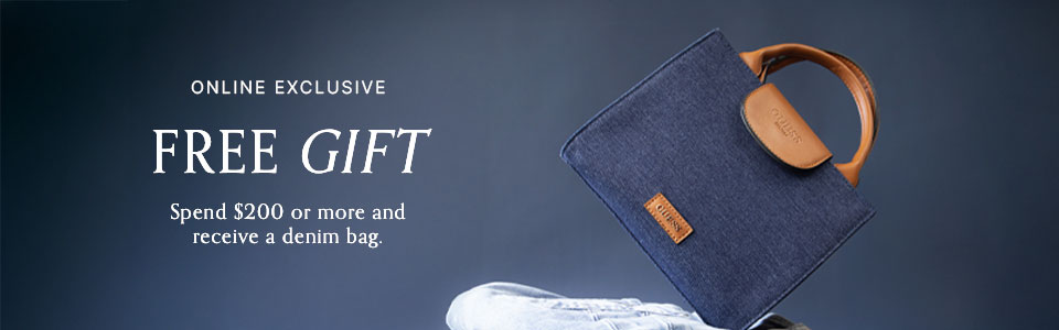 Free gift: stylish denim bag with any purchase over $200. Online exclusive.