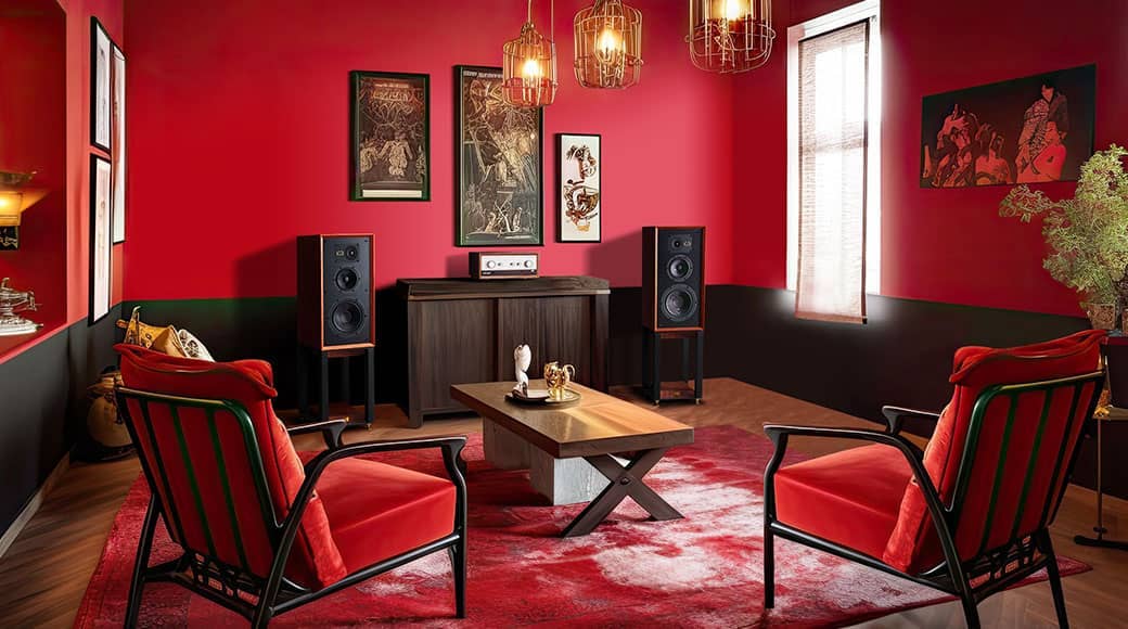 Living room with red walls, two chairs, and audio equipment.