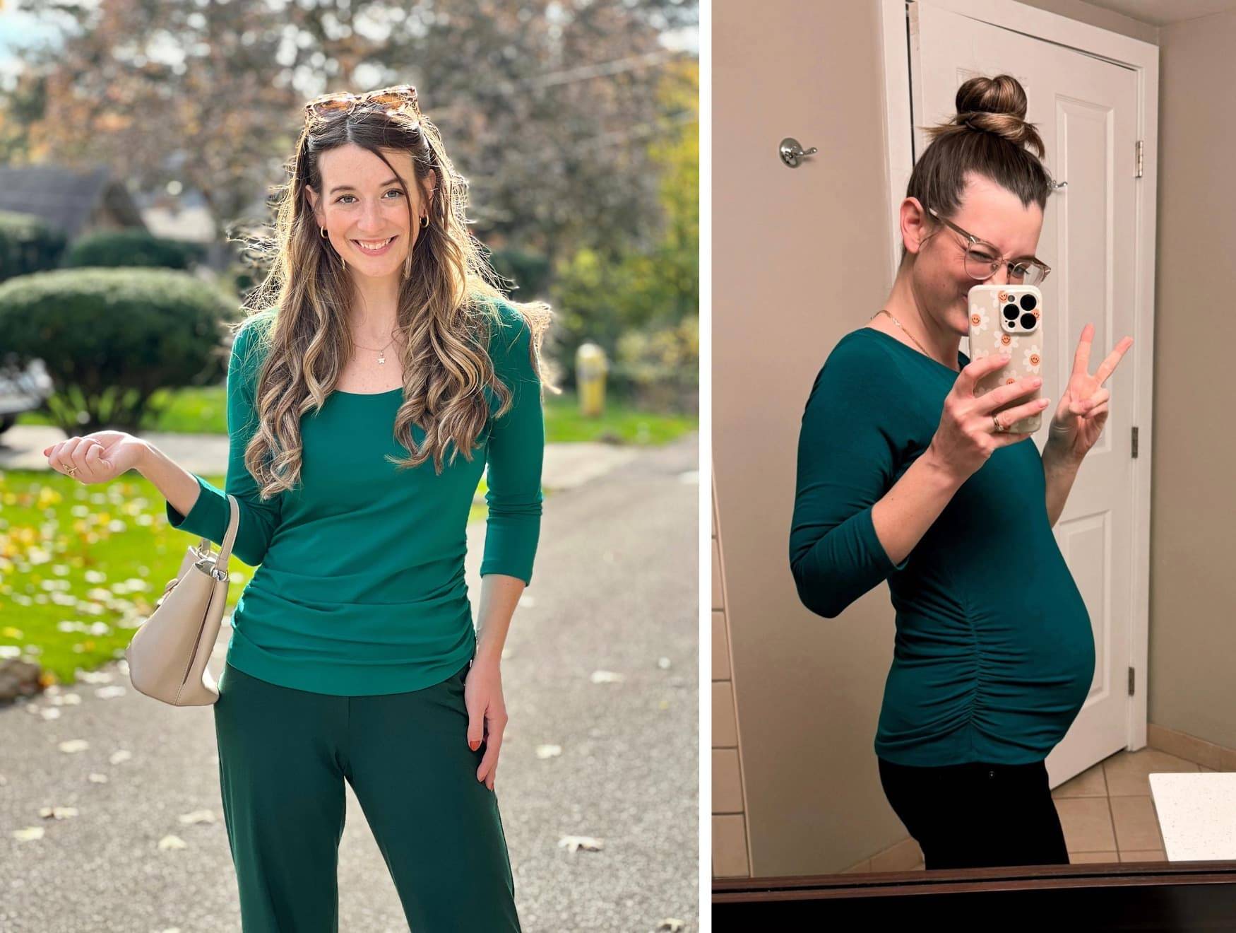 side by side images of pregnant woman pre, and during pregnancy wearing Miik's Akari side ruched reversible top in green.