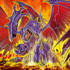 Yu-Gi-Oh! Blazing Dominion A purple dragon roaring amidst flames and lightning in a dramatic scene.
