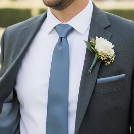 Groomsman wearing a dusty blue tie with a gray suit