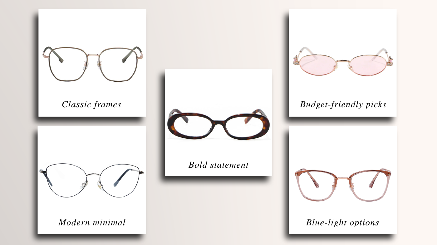 Eyeglasses options for quick selection: classic frames, modern minimalist, bold statement, budget-friendly, and blue-light lenses
