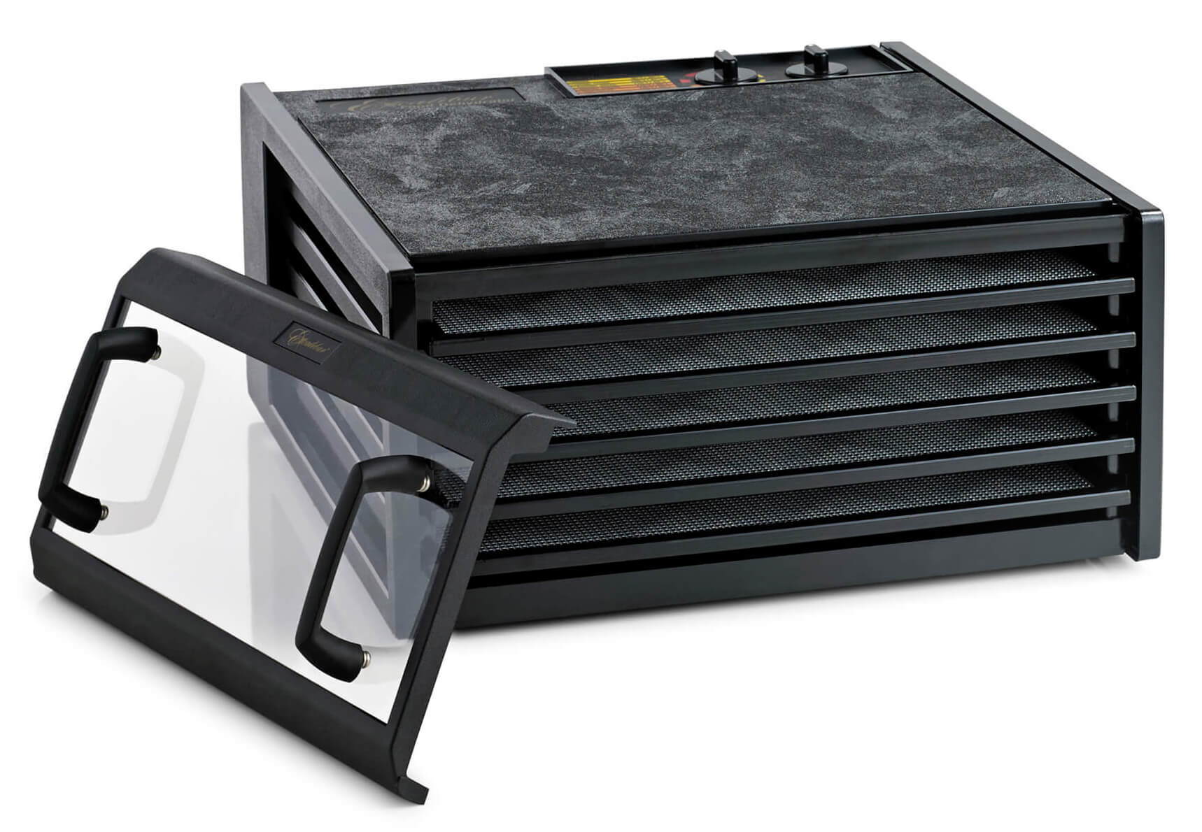 Excalibur 4526TCDB 5 tray dehydrator with clear door propped to the side.