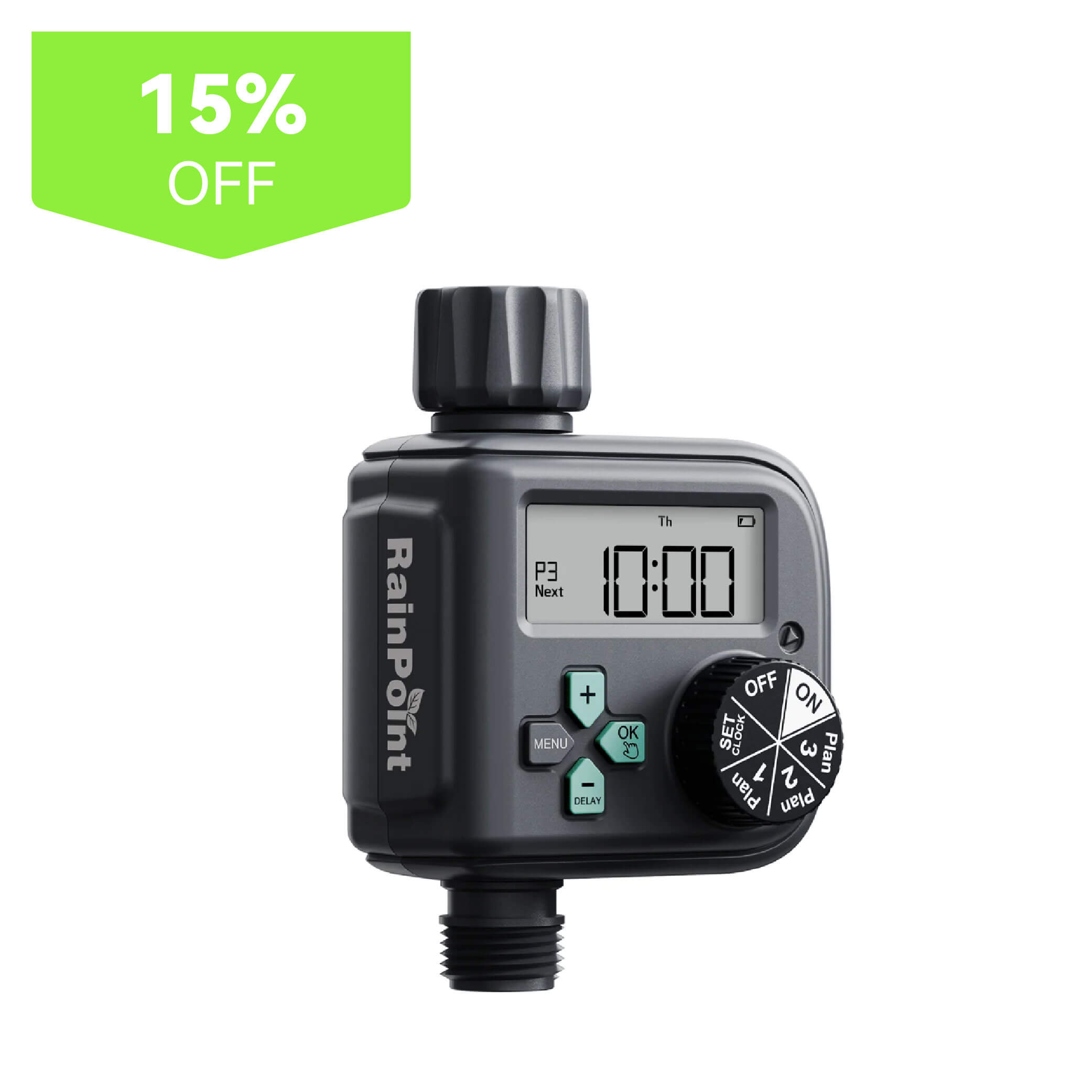 Digital irrigation timer with discount label.