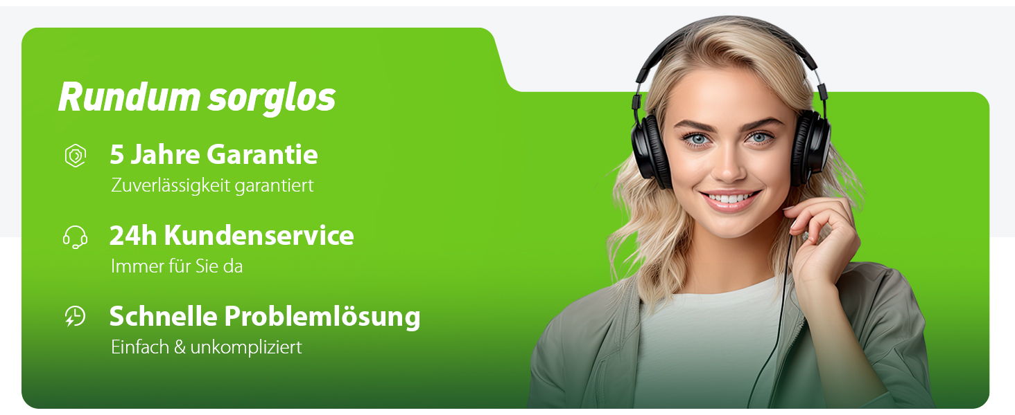 Woman with headphones, smiling, promoting customer service and guarantees.