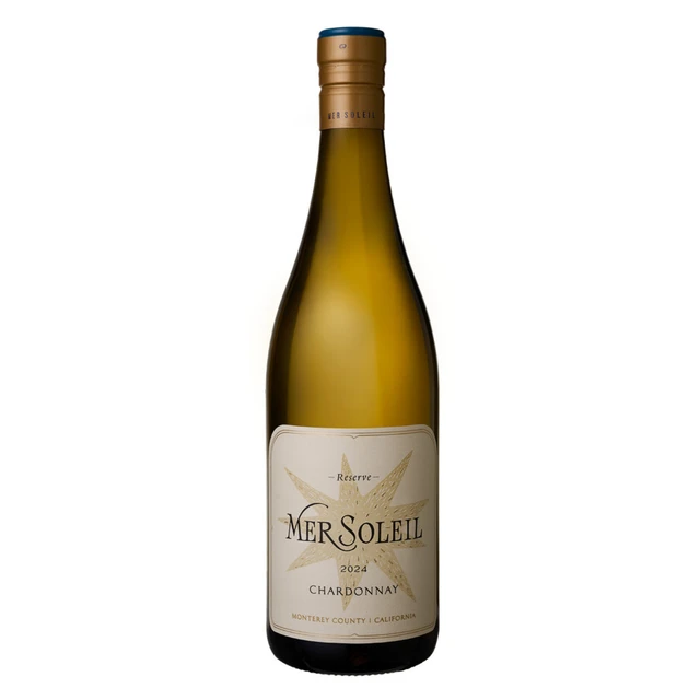 Bottle of Mer Soleil Chardonnay wine with a cork top.