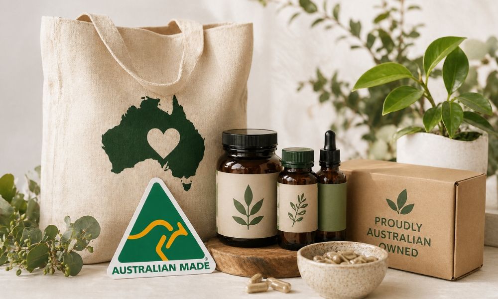 Eco-friendly products displayed with a tote bag and plant elements.
