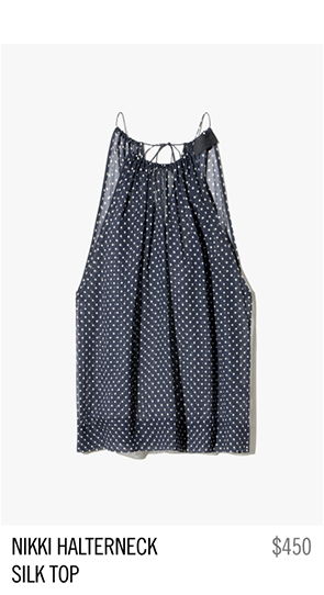 Nikki halterneck silk top, navy with polka dots, priced at $450.