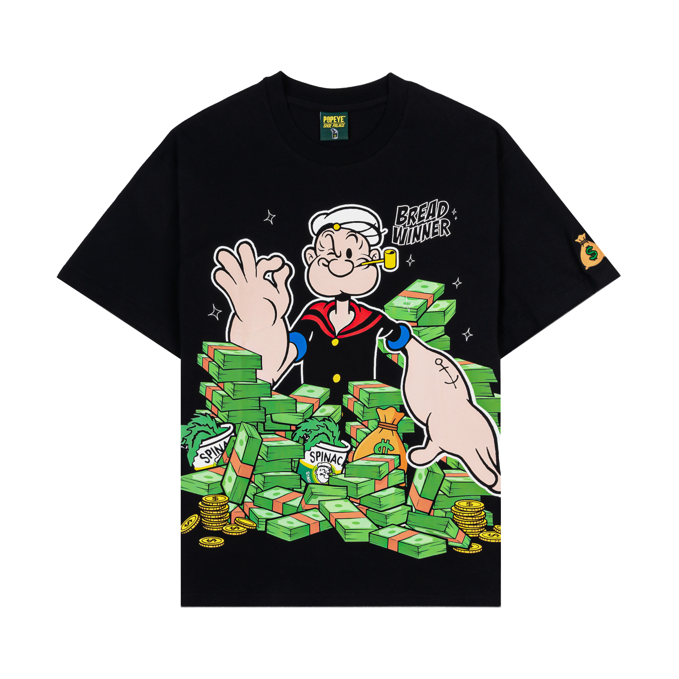 Black t-shirt featuring a cartoon character surrounded by stacks of money.