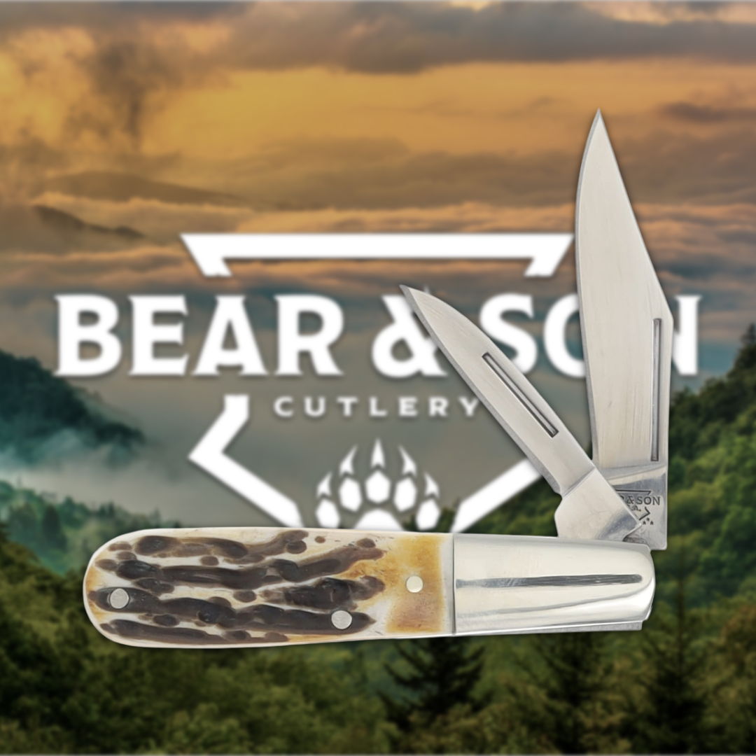 A knife with a wooden handle in front of a logo and nature background.