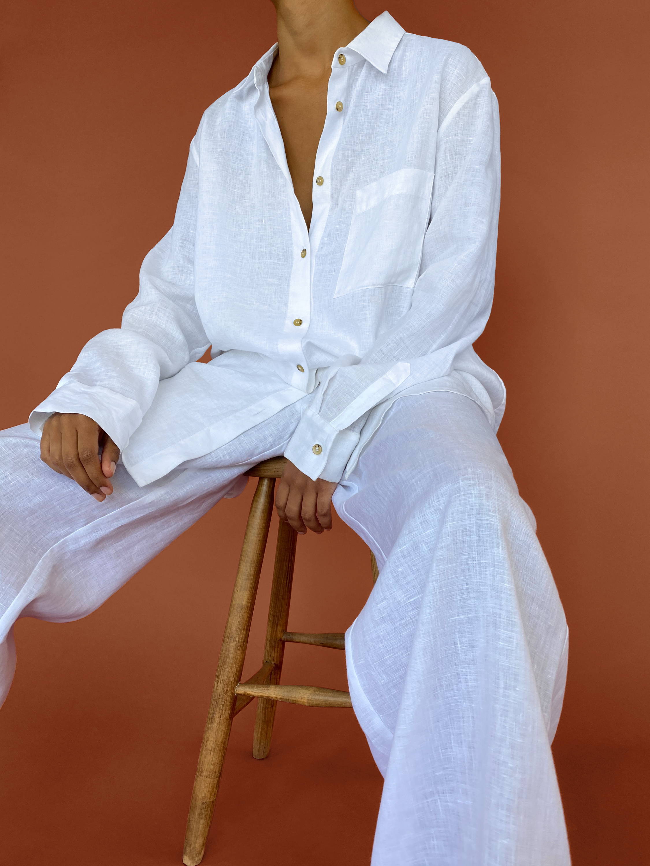 White organic linen long pyjama set 