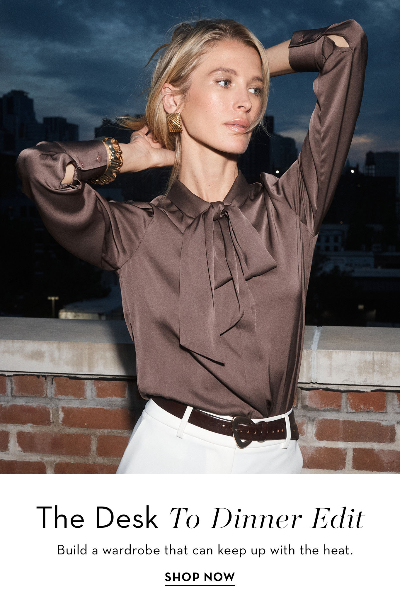 Model showcasing stylish outfit for day-to-night transition in urban setting.