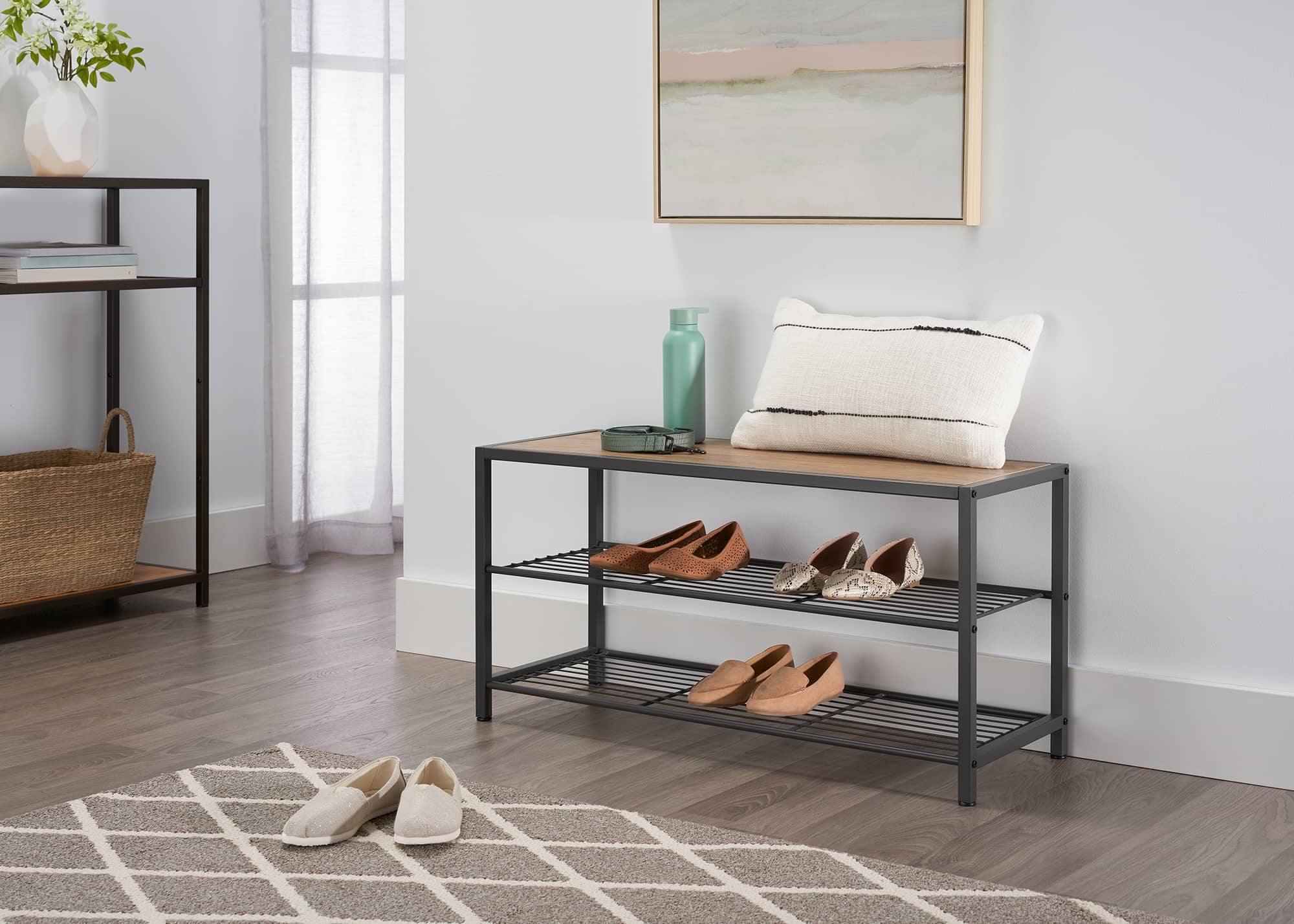 gray shoe bench in a living room