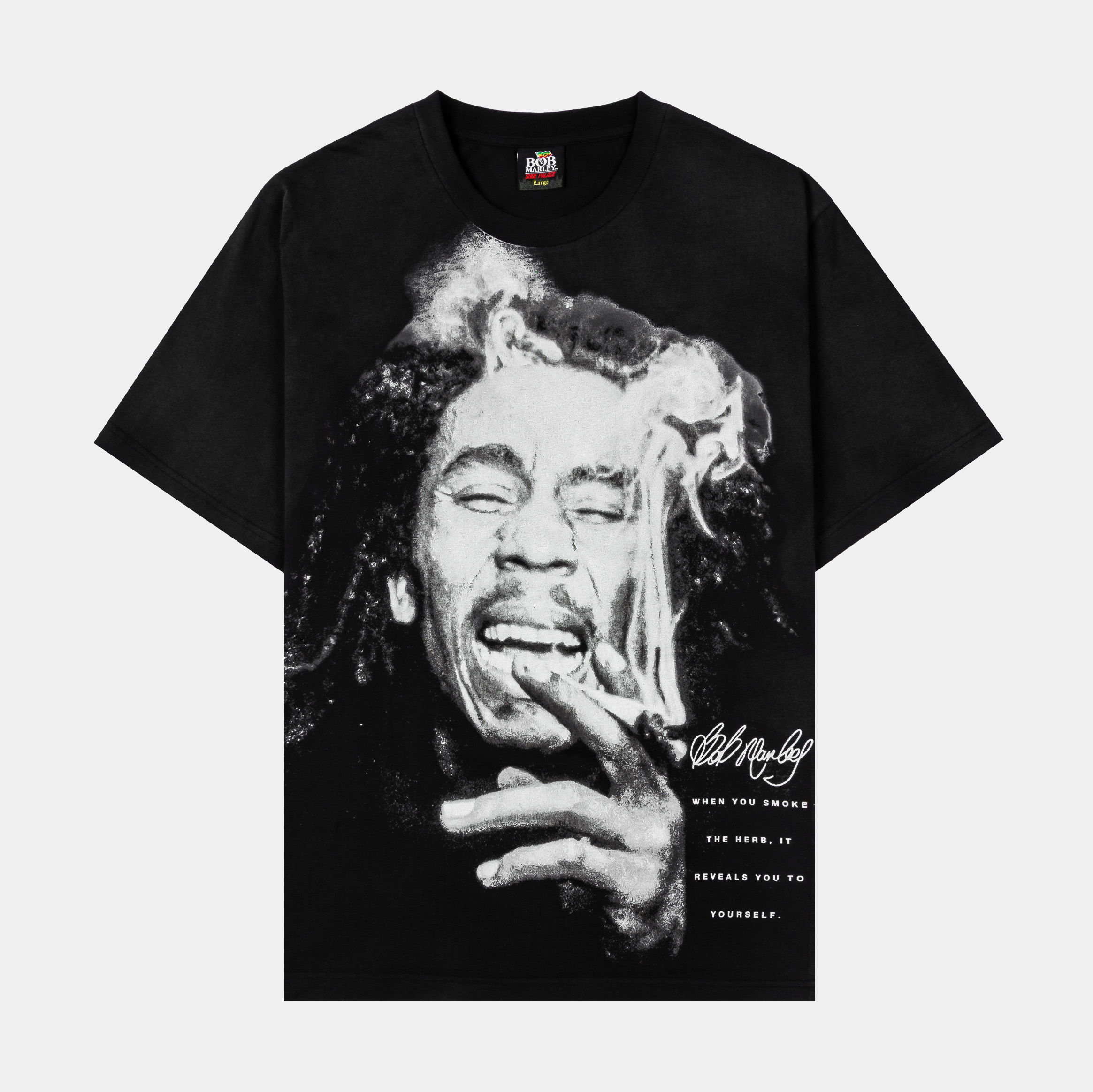 Black t-shirt featuring a graphic of a smiling man smoking.