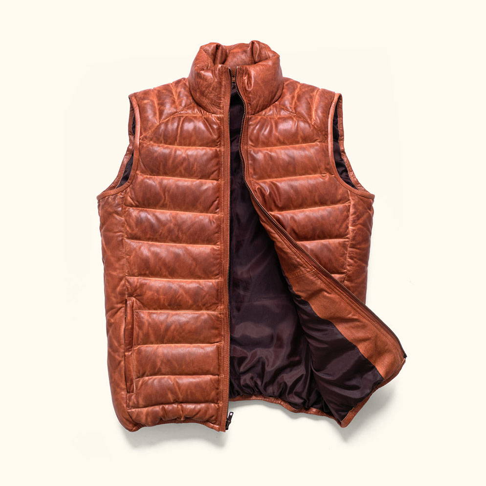 Light Brown Puffer Vest | 100% Leather and Down Feather | Buffalo Jackson