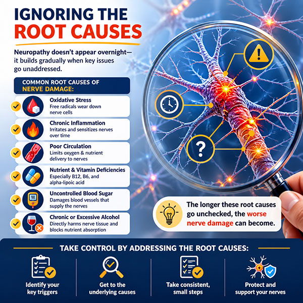Infographic on the root causes of nerve damage and solutions.