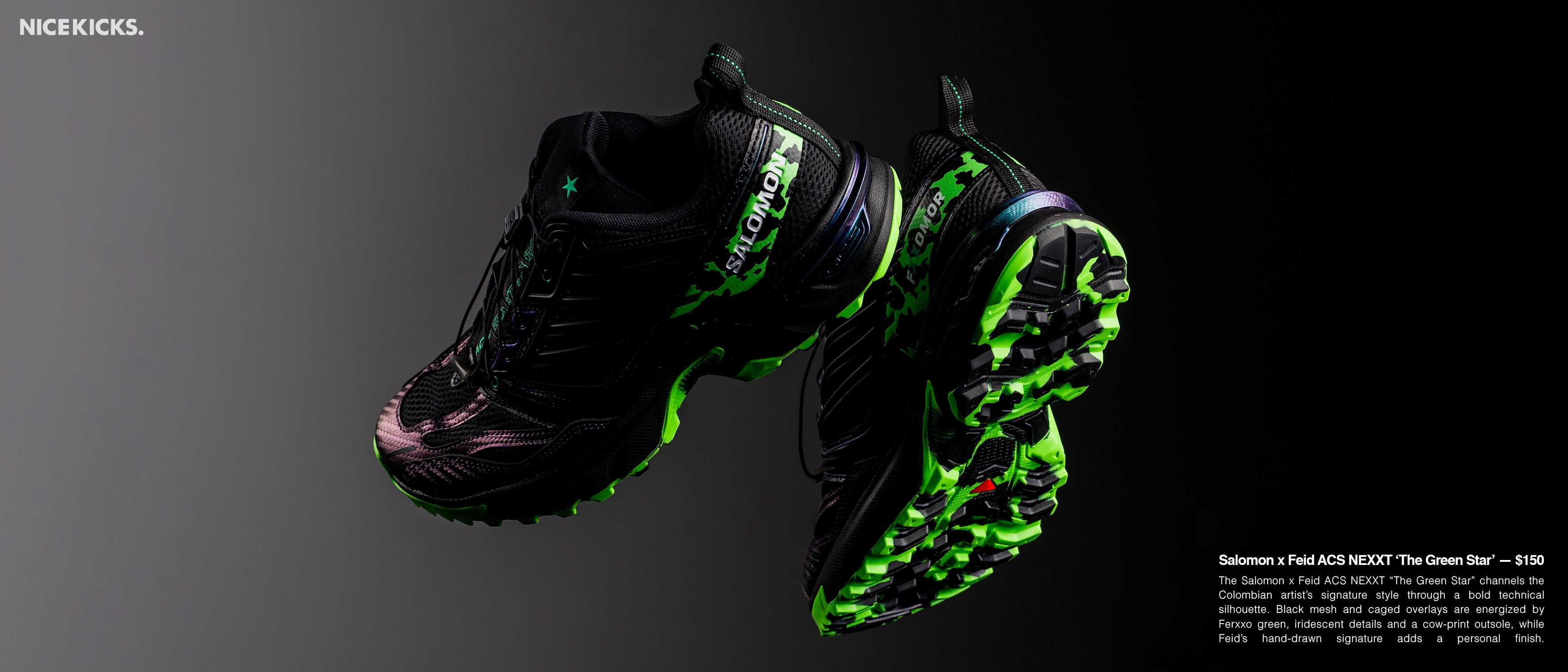 A pair of black and green sports shoes on a dark background.