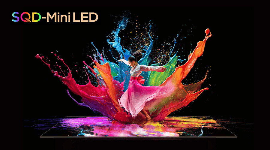 Colorful splash with a dancer, showcasing SQD Mini LED technology.