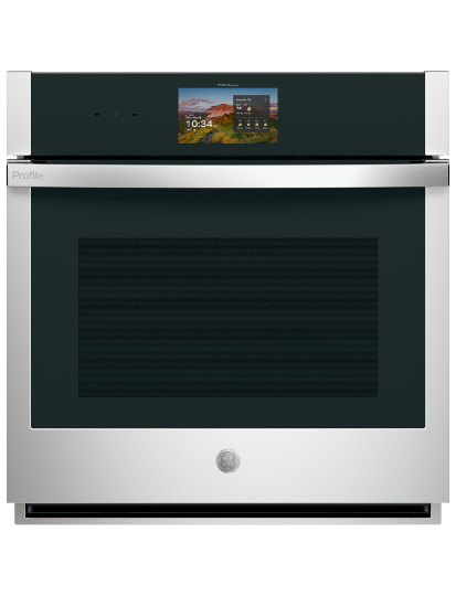 Modern kitchen oven with a digital display and stainless steel accents.