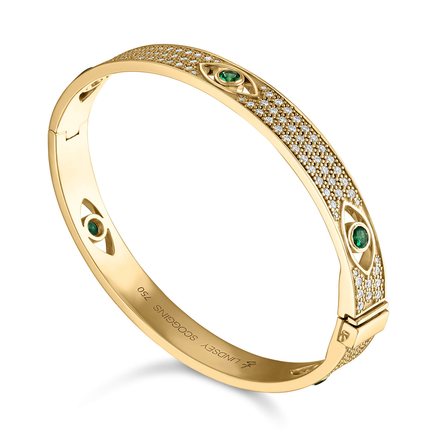 Evil eye diamond and emerald bangle