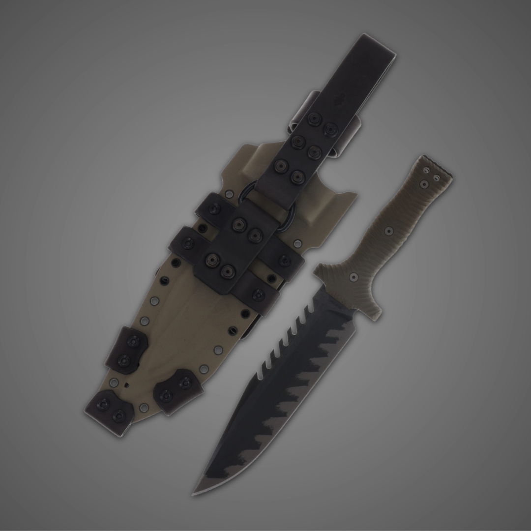 A tactical knife with a sheath, featuring a serrated blade and a handle.