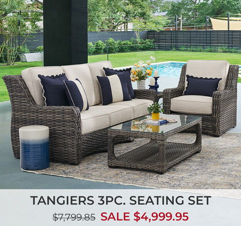 Tangiers 3-piece seating set with cushions, table, and decorative pillows.