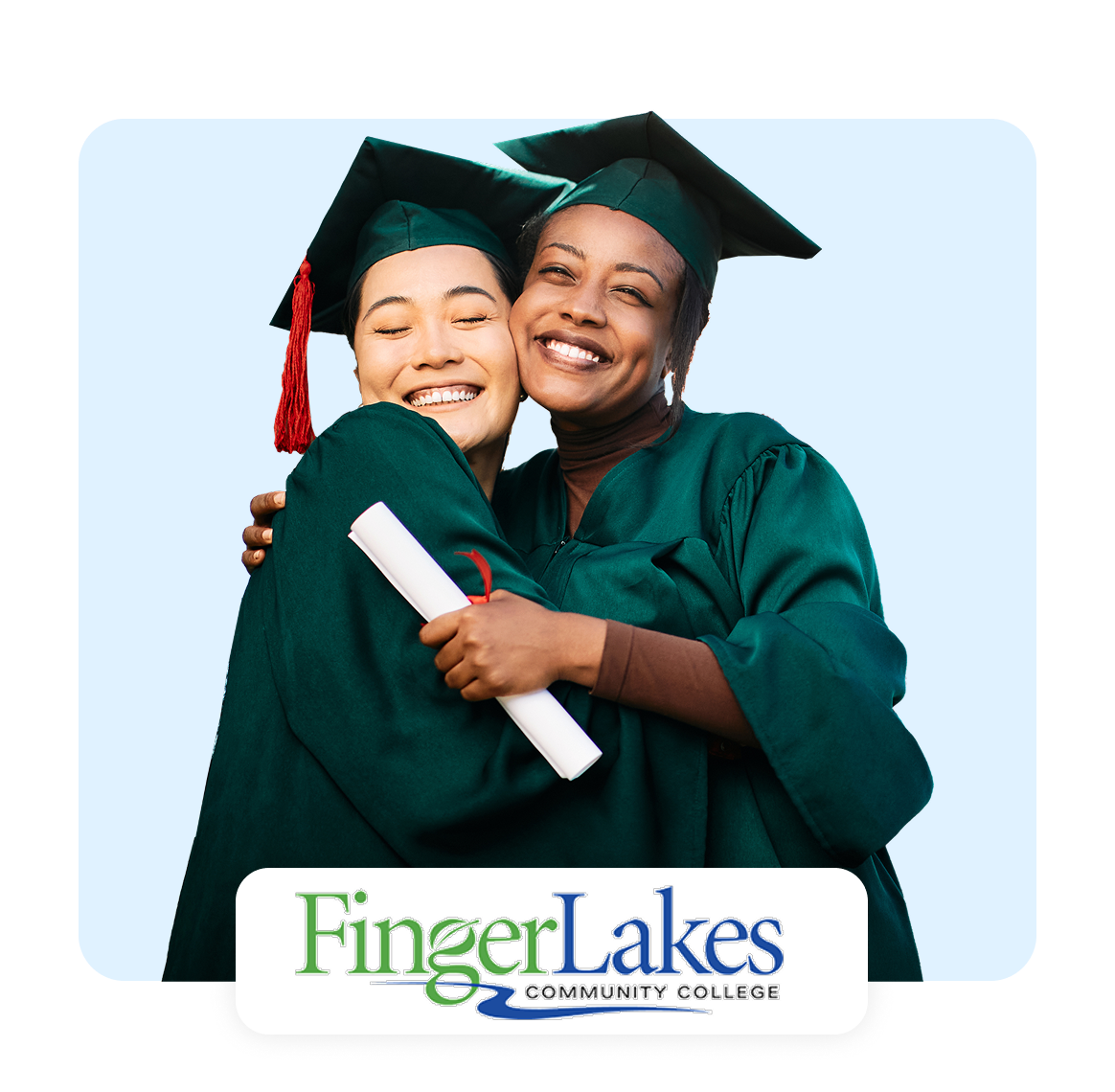 Two graduates in caps and gowns embracing, smiling joyfully.