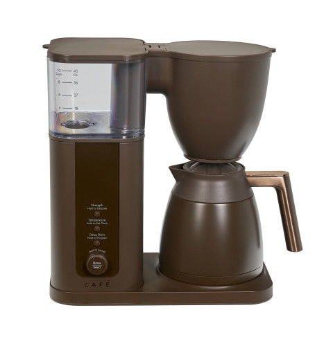 Brown coffee maker with a glass carafe and water reservoir.