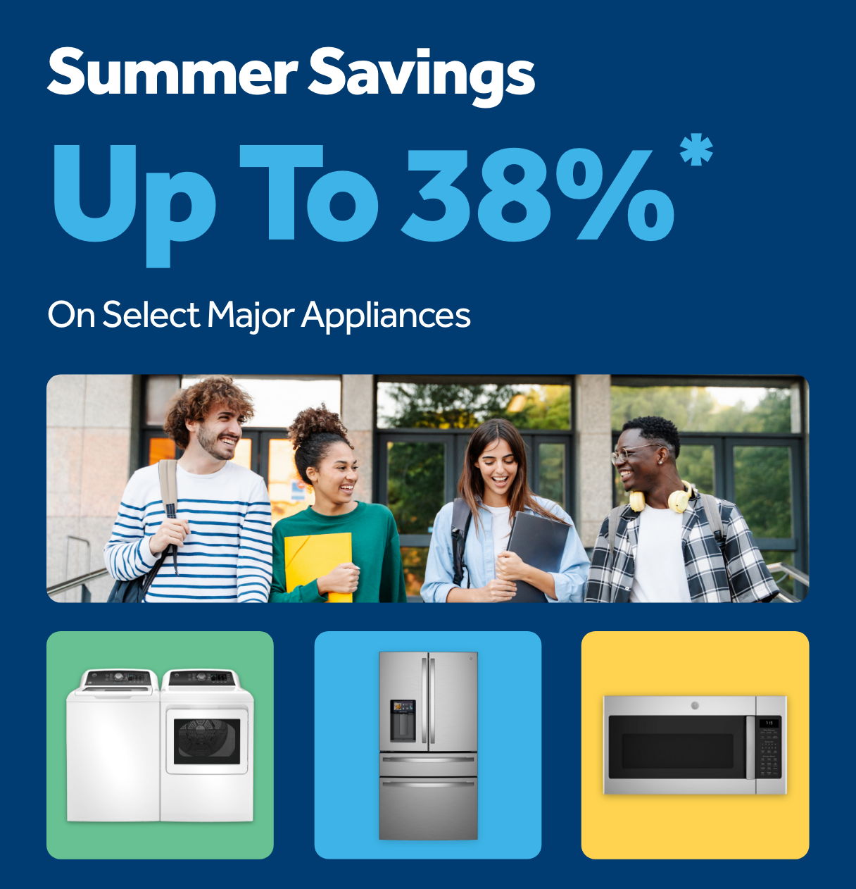 Summer savings up to 38% on select major appliances with images of appliances.
