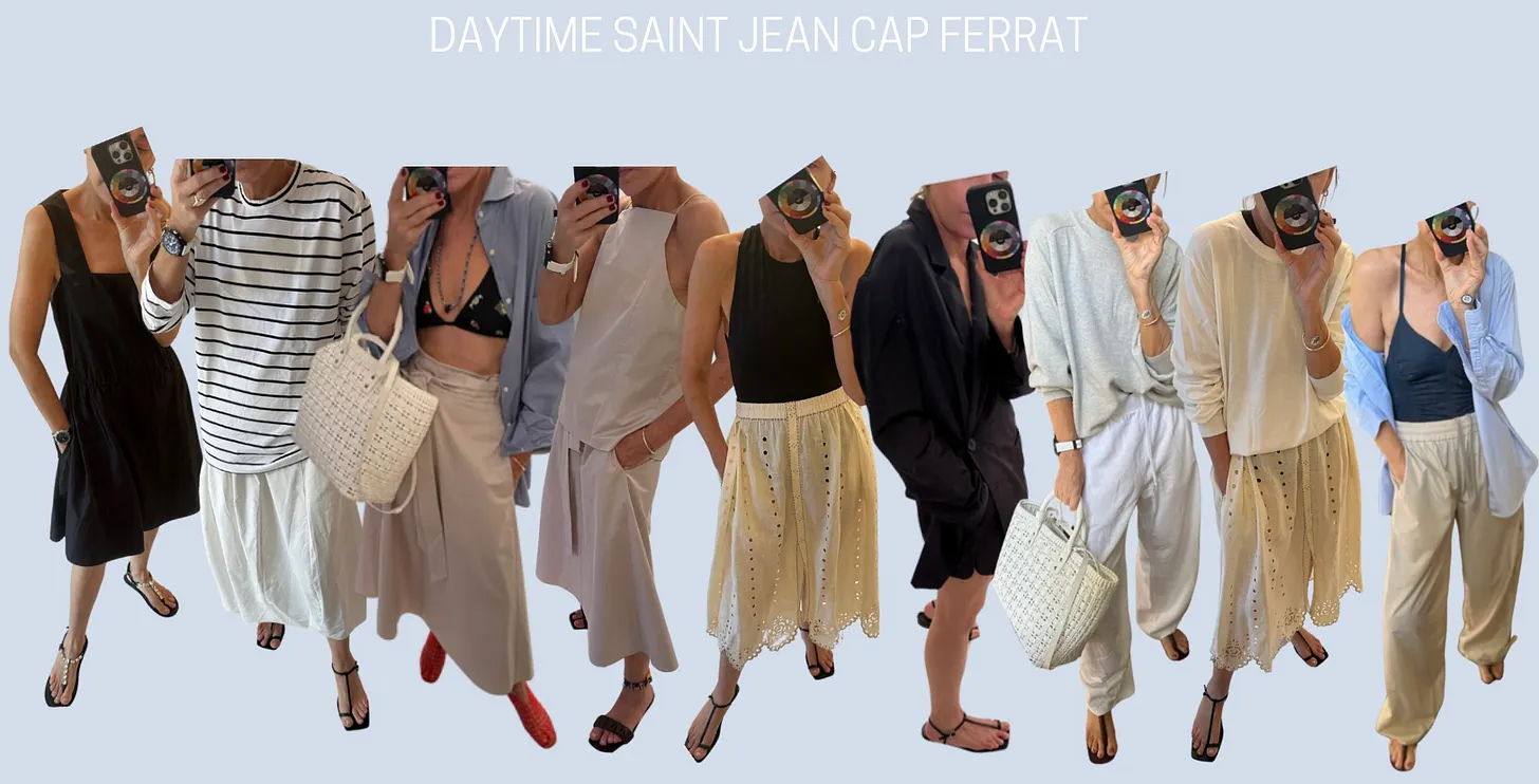 Multiple outfits displayed on models against a light blue background.