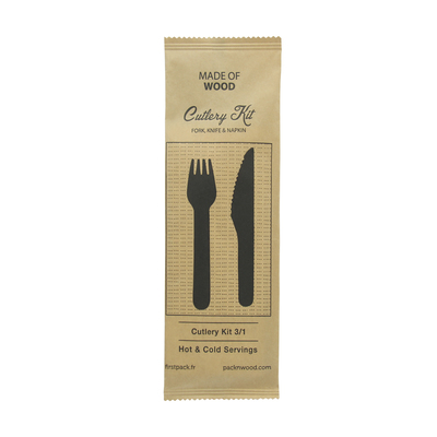 A cutlery kit consisting of a knife and fork in a bag