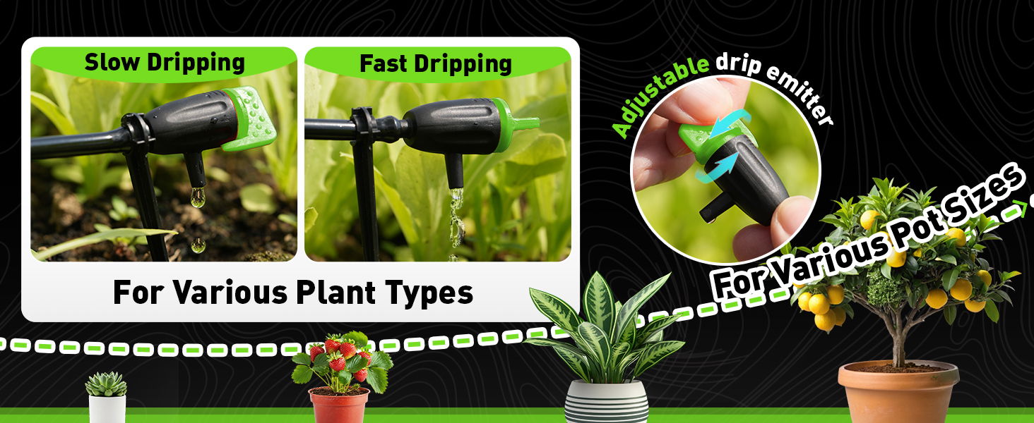 Drip irrigation systems for various plant types.