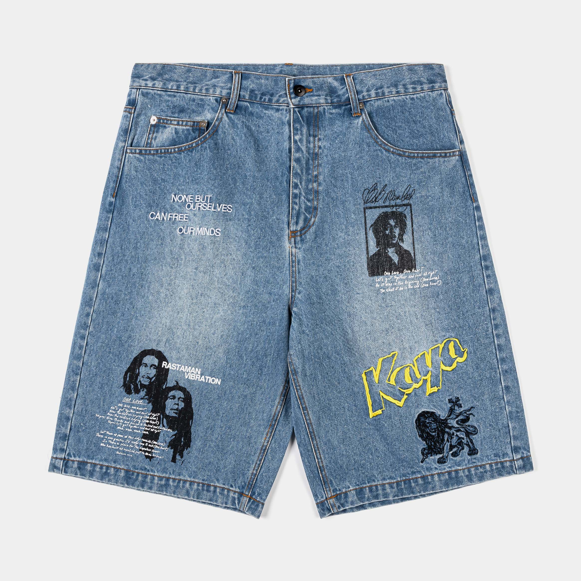 Denim shorts with graphic prints and distressed details.