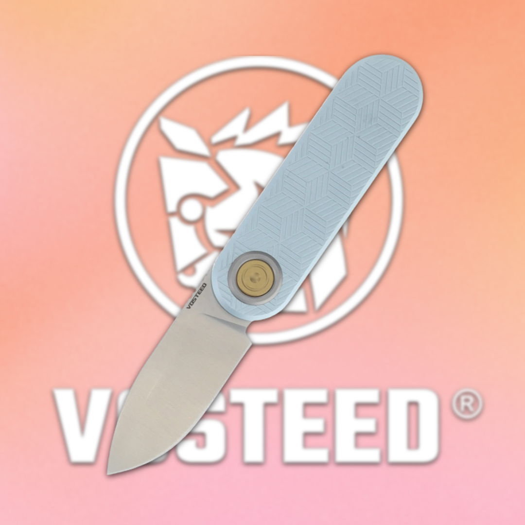 A folding knife with a blue handle on a gradient background.