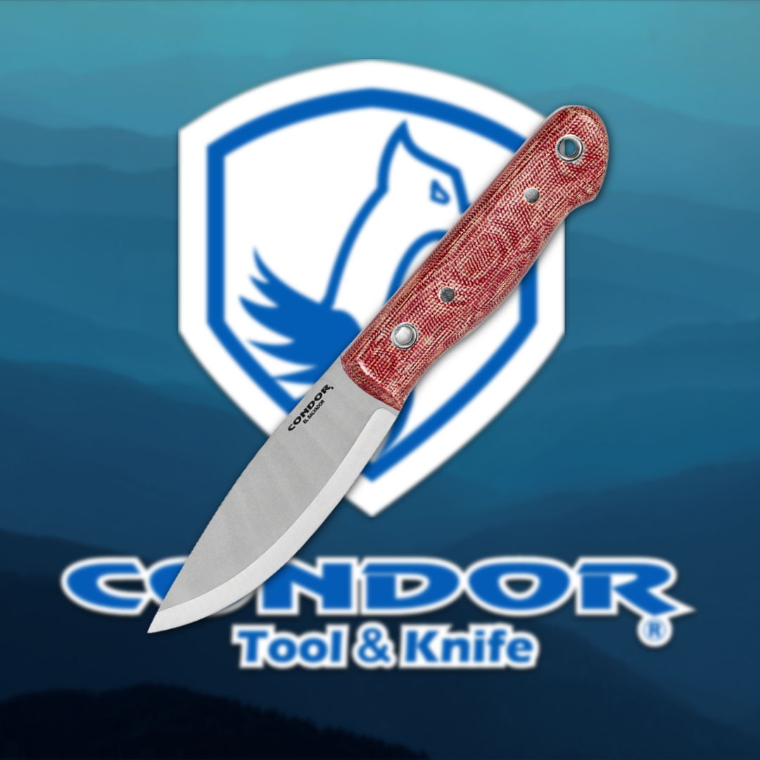 A knife with a red handle over a Condor Tool & Knife logo.