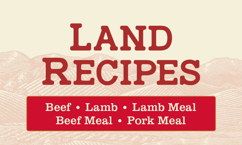 Red text against a mountain background: LAND RECIPES Beef - Lamb - Lamb Meal - Beef Meal - Pork Meal