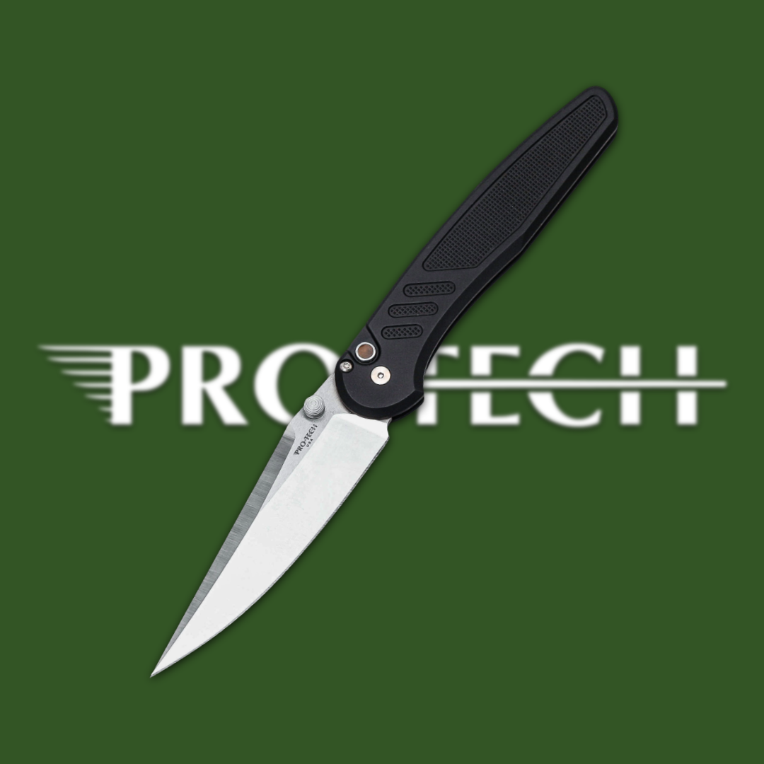 Folding knife with a black handle and stainless steel blade on green background.